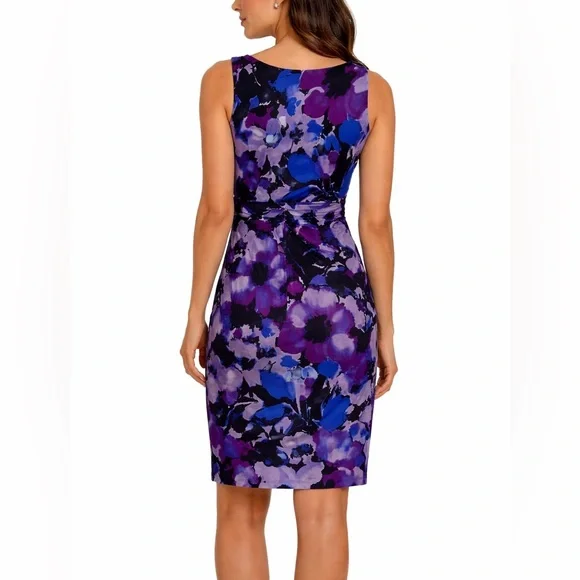 Lauren Ralph Lauren Floral Ruched Sheath Dress Purple Blue Surplice Neck Size 10 - Picture 2 of 9